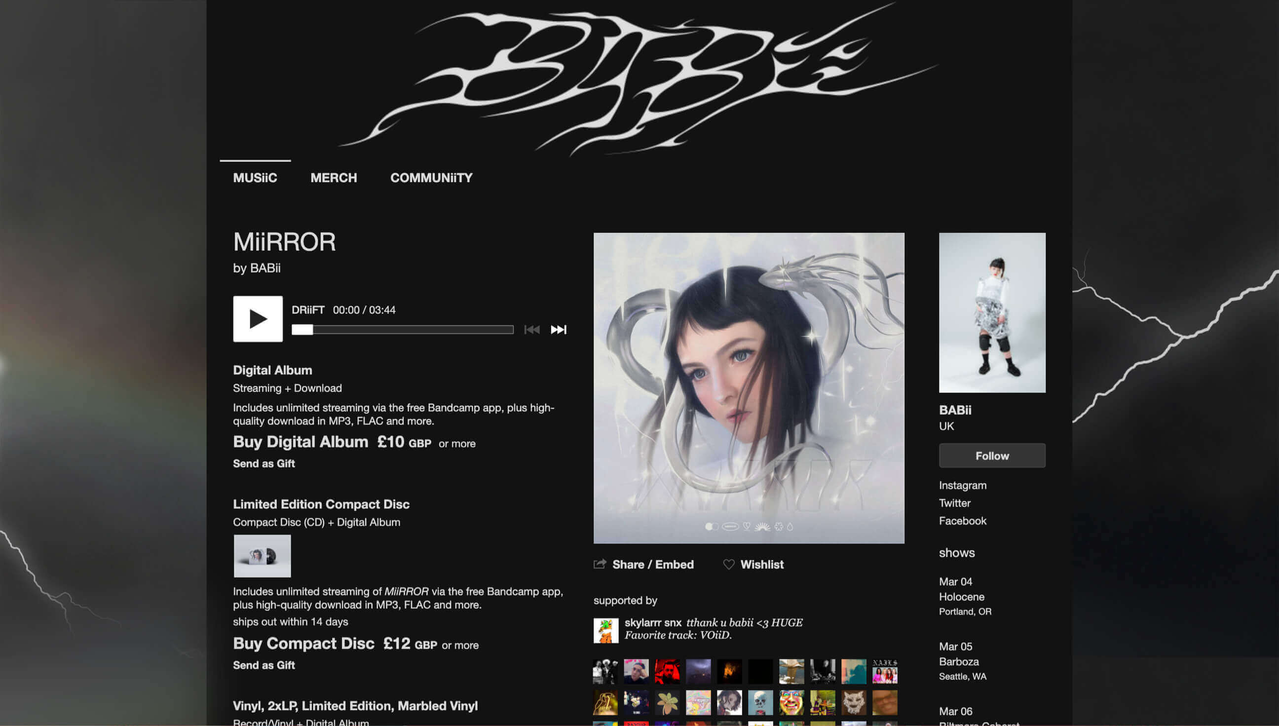 Screenshot of Babii’s Bandcamp Page